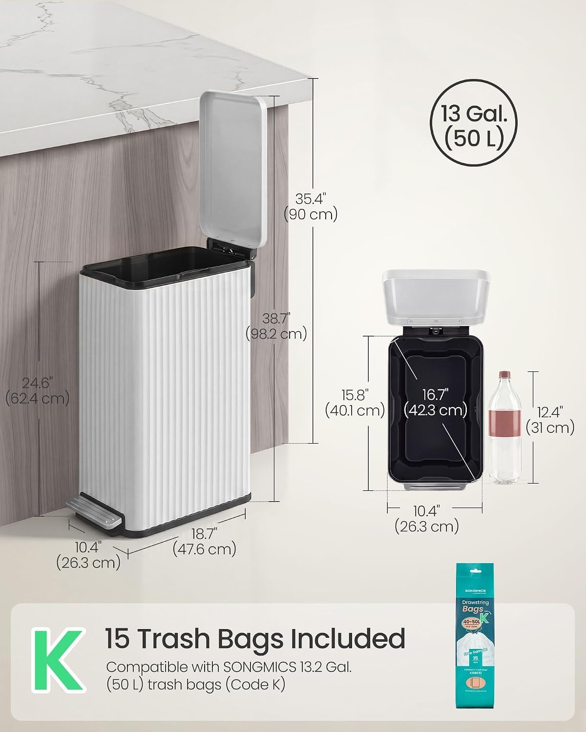 image:imageSONGMICS Trash Can 8 Gallon 30 L Stainless Steel with Lid PedalCloud White