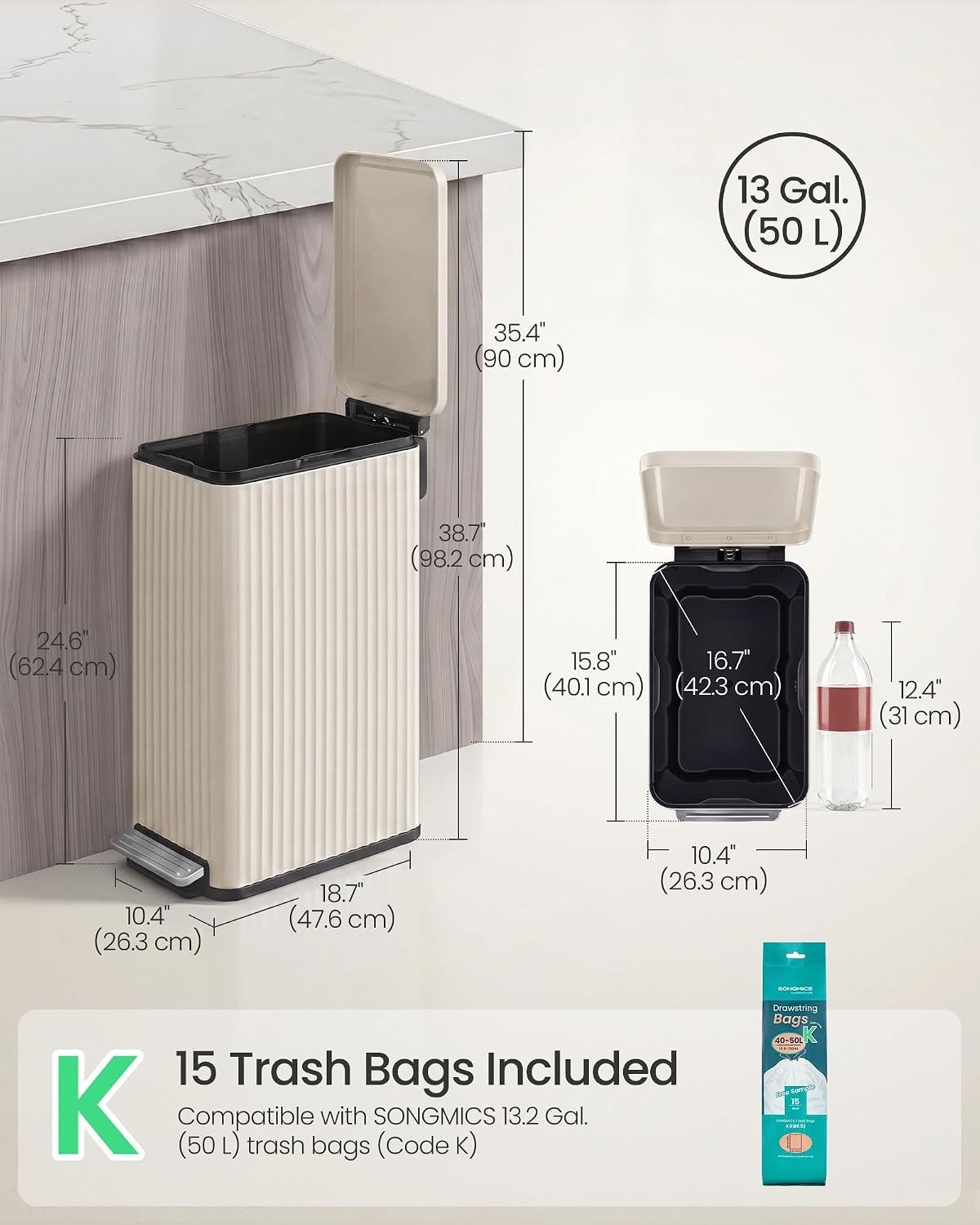image:imageSONGMICS Trash Can 8 Gallon 30 L Stainless Steel with Lid PedalCream White