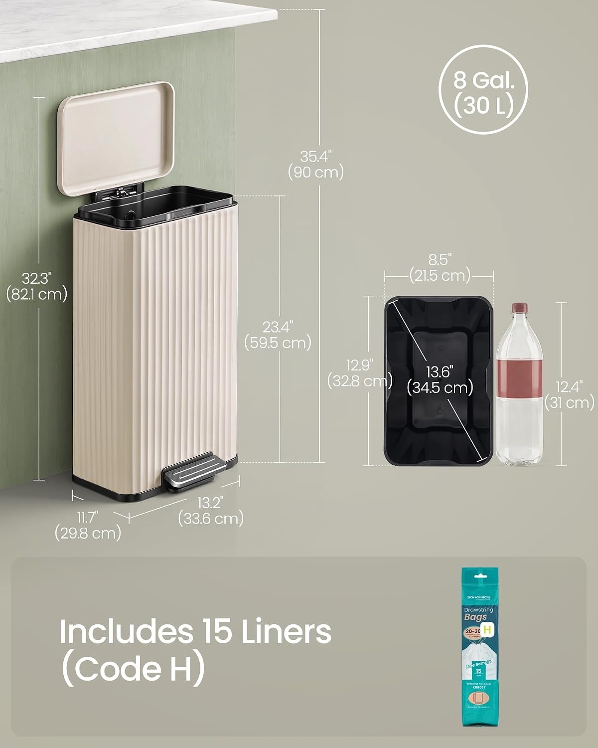 image:imageSONGMICS Trash Can 8 Gallon 30 L Stainless Steel with Lid PedalCream White