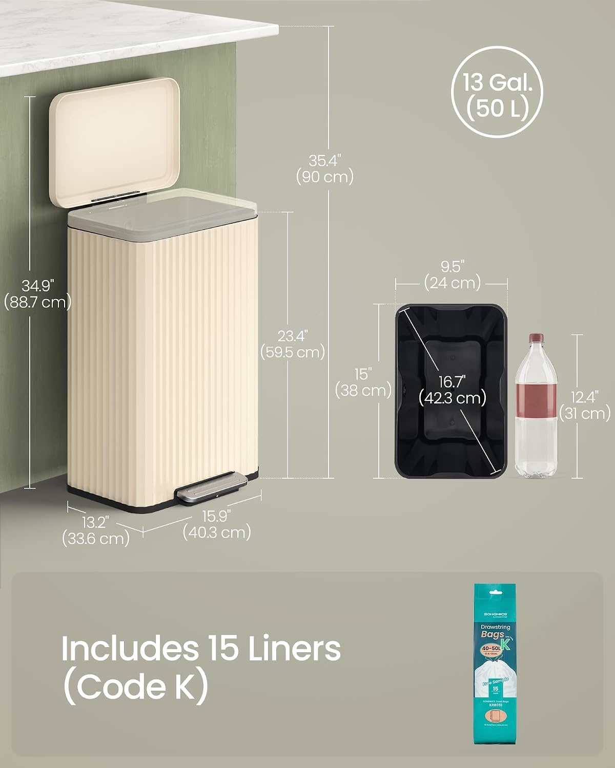 image:imageSONGMICS Trash Can 8 Gallon 30 L Stainless Steel with Lid PedalCream White