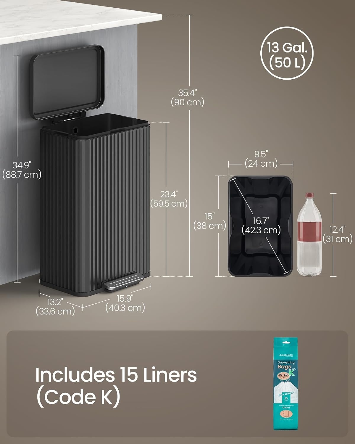 image:imageSONGMICS Trash Can 8 Gallon 30 L Stainless Steel with Lid PedalInk Black
