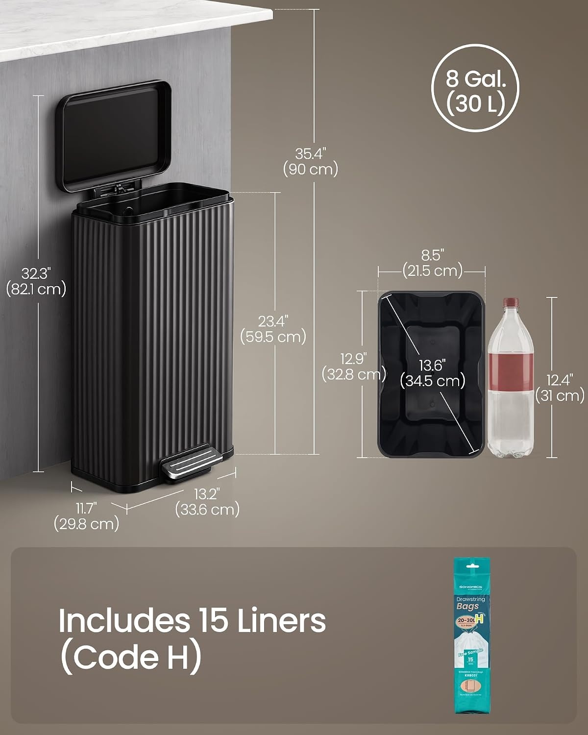 image:imageSONGMICS Trash Can 8 Gallon 30 L Stainless Steel with Lid PedalInk Black