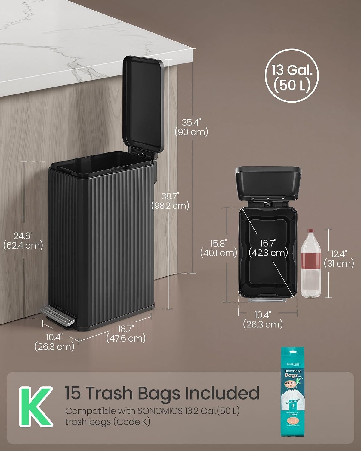 image:imageSONGMICS Trash Can 8 Gallon 30 L Stainless Steel with Lid PedalInk Black
