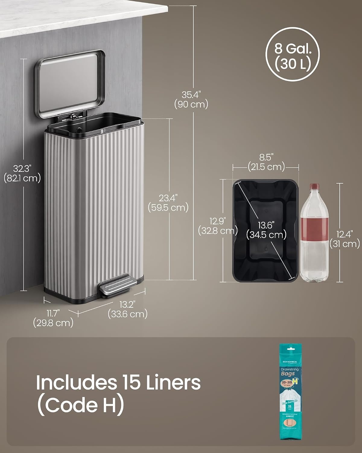 image:imageSONGMICS Trash Can 8 Gallon 30 L Stainless Steel with Lid PedalMetallic Silver