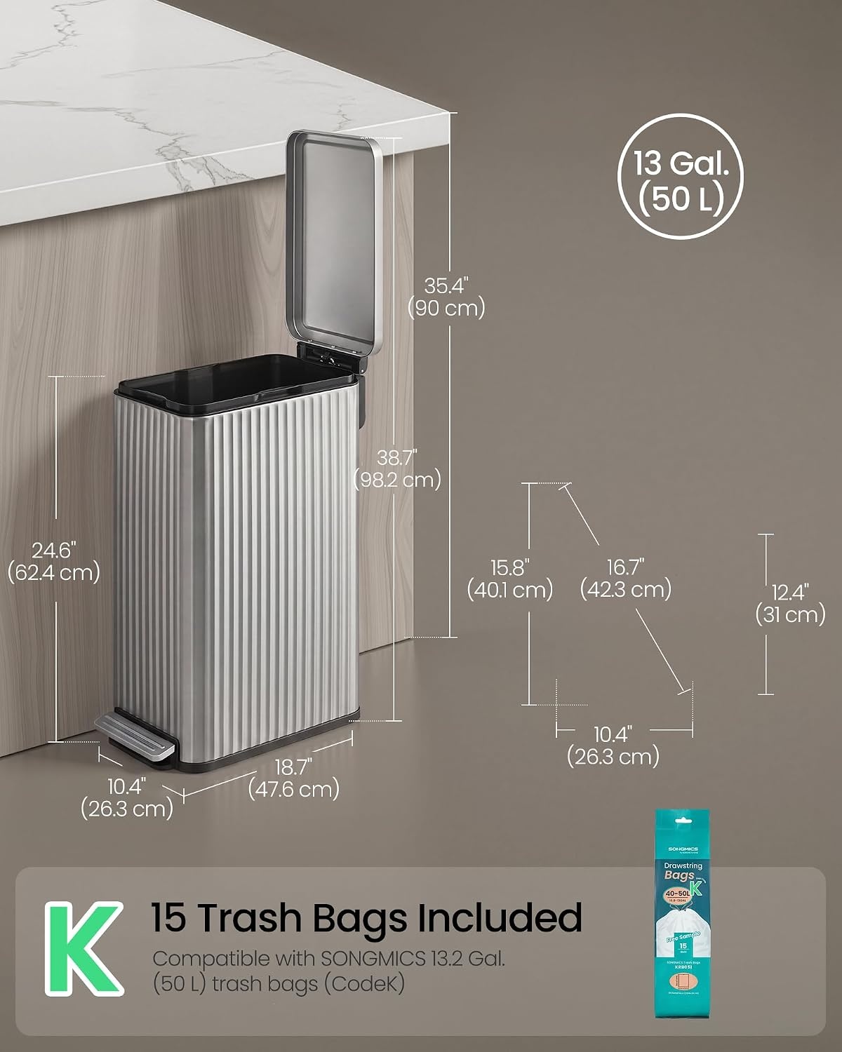 image:imageSONGMICS Trash Can 8 Gallon 30 L Stainless Steel with Lid PedalMetallic Silver