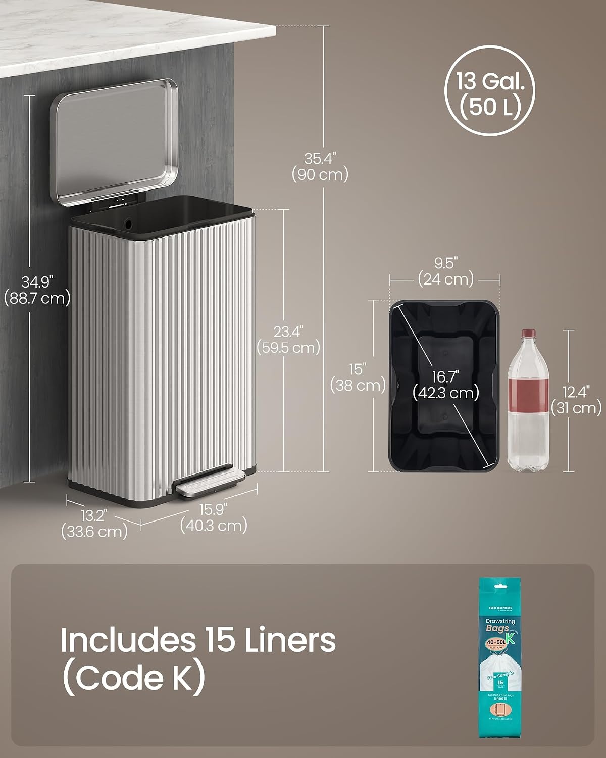 image:imageSONGMICS Trash Can 8 Gallon 30 L Stainless Steel with Lid PedalMetallic Silver