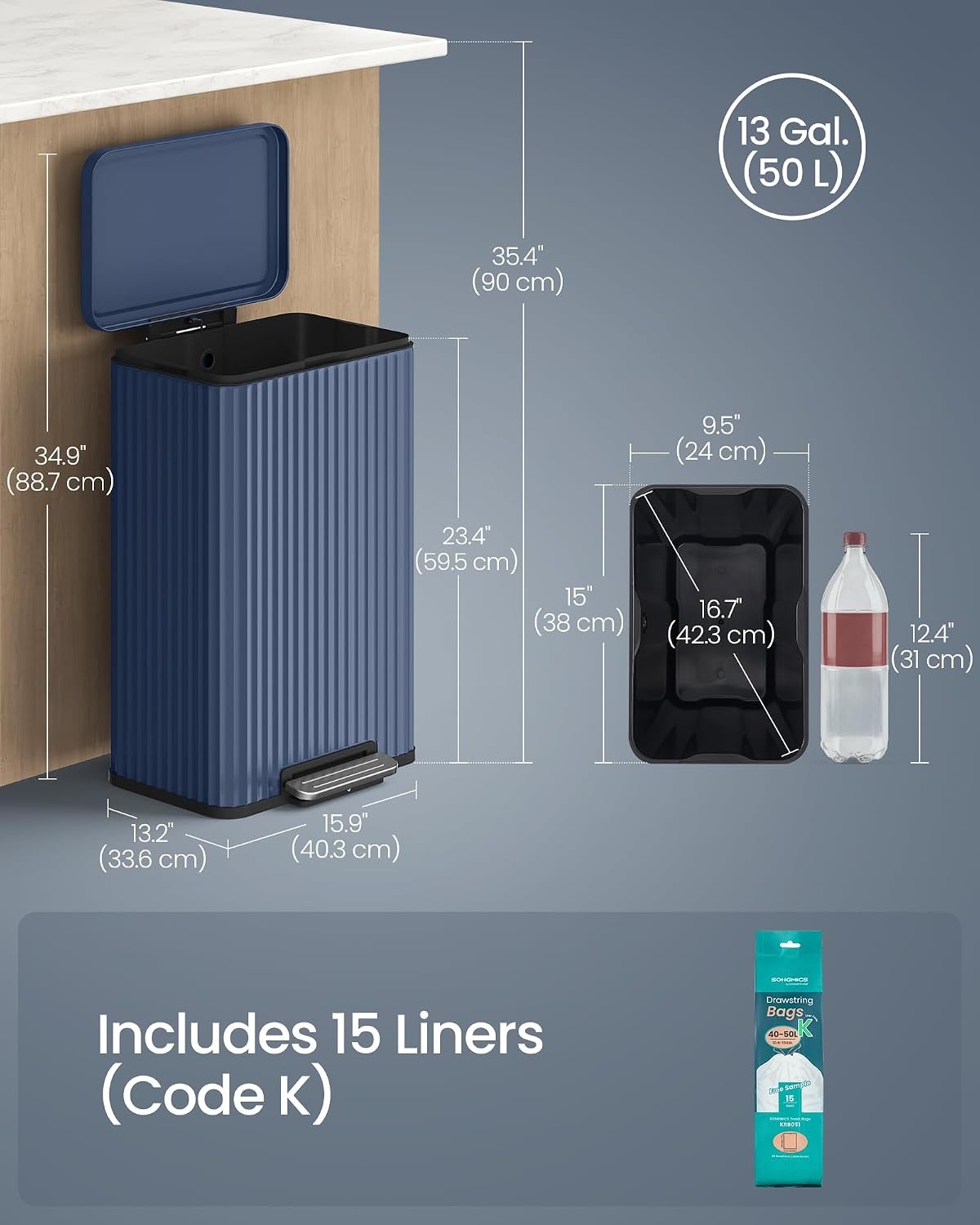 image:imageSONGMICS Trash Can 8 Gallon 30 L Stainless Steel with Lid PedalMidnight Blue