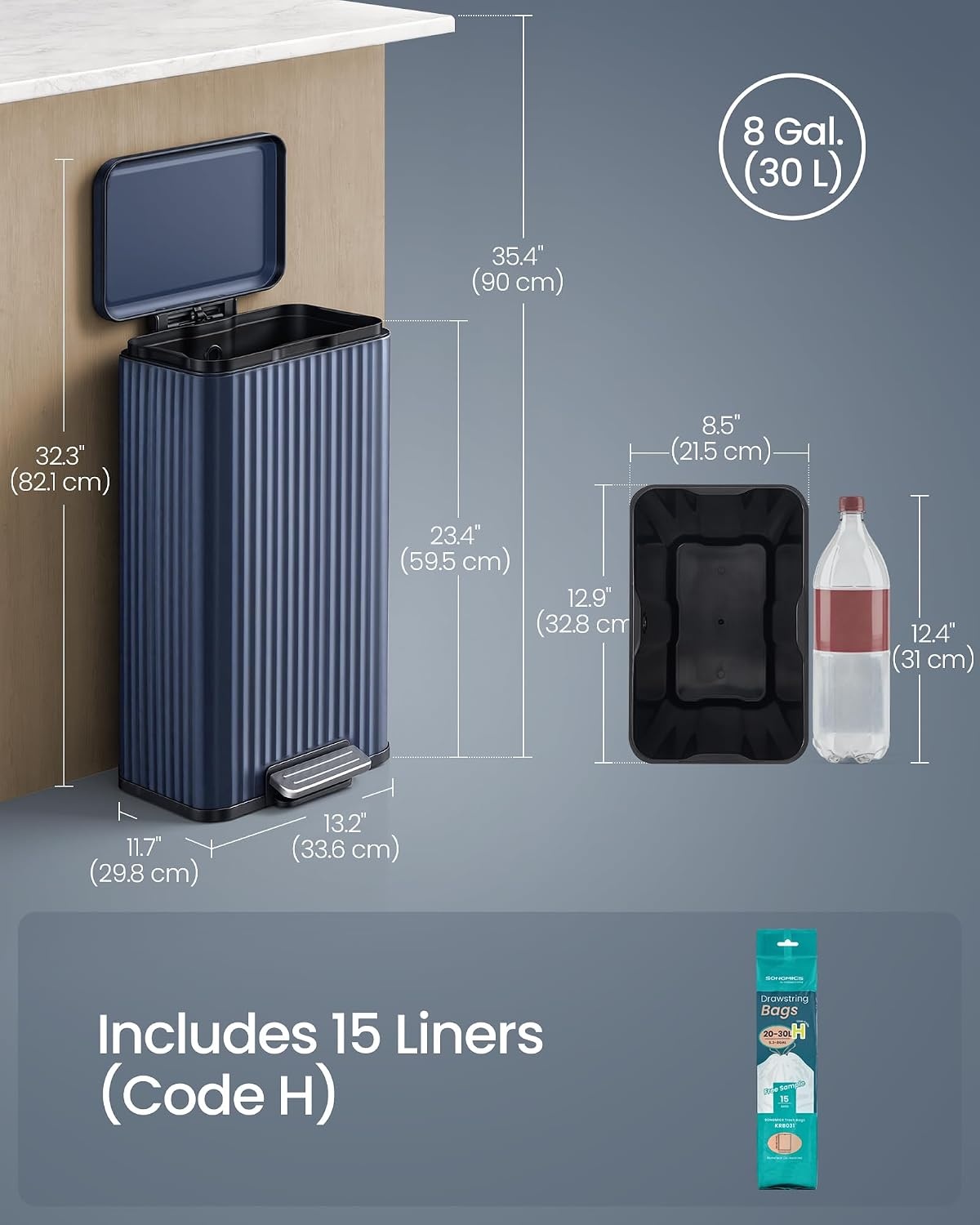 image:imageSONGMICS Trash Can 8 Gallon 30 L Stainless Steel with Lid PedalMidnight Blue