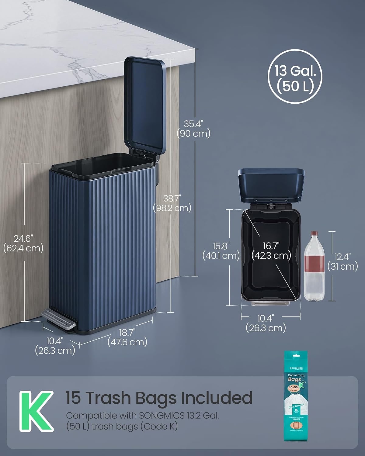 image:imageSONGMICS Trash Can 8 Gallon 30 L Stainless Steel with Lid PedalMidnight Blue