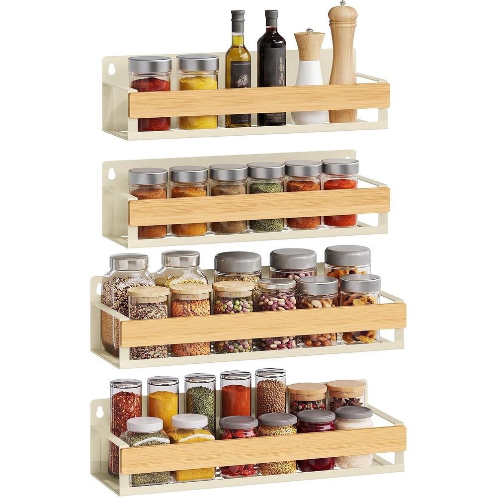 image:imageSONGMICS 4 Pack Spice Rack Wall Mount WidenedCream White Light Bamboo