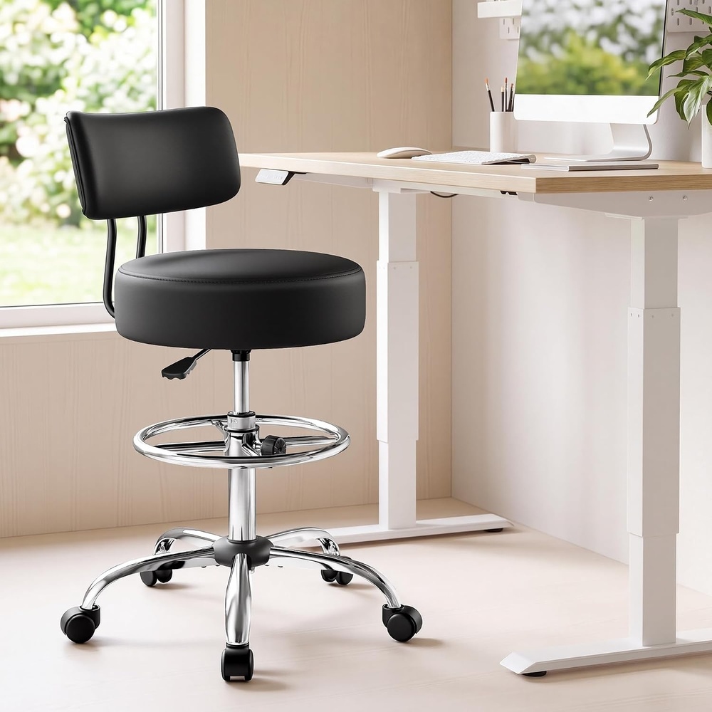 image:imageSONGMICS Drafting Chair with Backrest Height Rolling Stool PU LeatherBlack