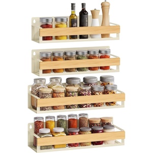 SONGMICS 4 Pack Spice Rack Wall Mount Widened(Cream White + Light Bamboo)