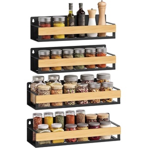 SONGMICS 4 Pack Spice Rack Wall Mount Widened(Ink Black + Light Bamboo)