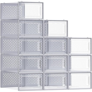 SONGMICS Shoe Boxes, Clear Plastic Sneaker Box, Pack of 15(Transparent + Gray)
