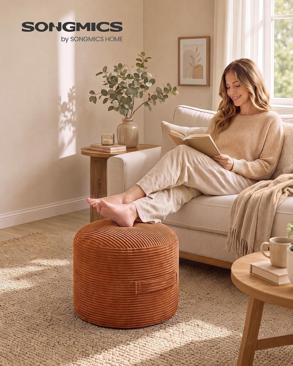 image:imageSONGMICS Stuffed Pouf Ottoman 20 Round Foot Rest with Side HandleBurgundy