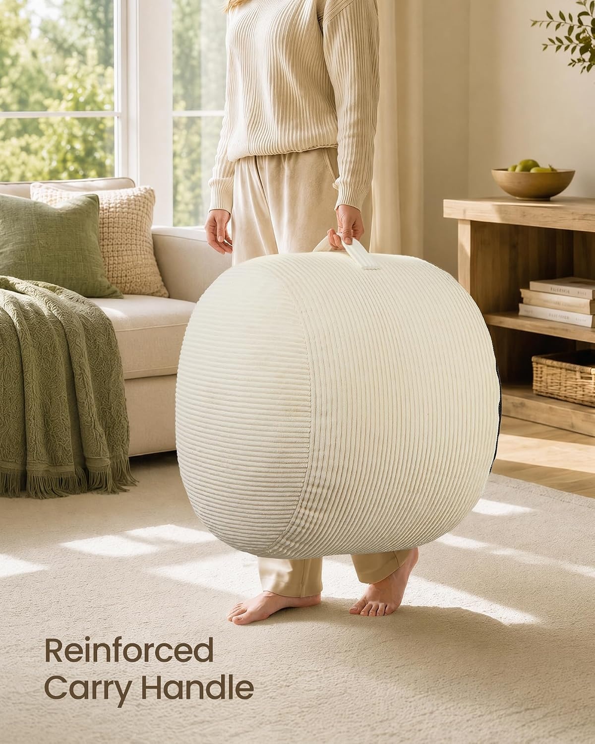 image:imageSONGMICS Stuffed Pouf Ottoman 20 Round Foot Rest with Side HandleLight Warm White