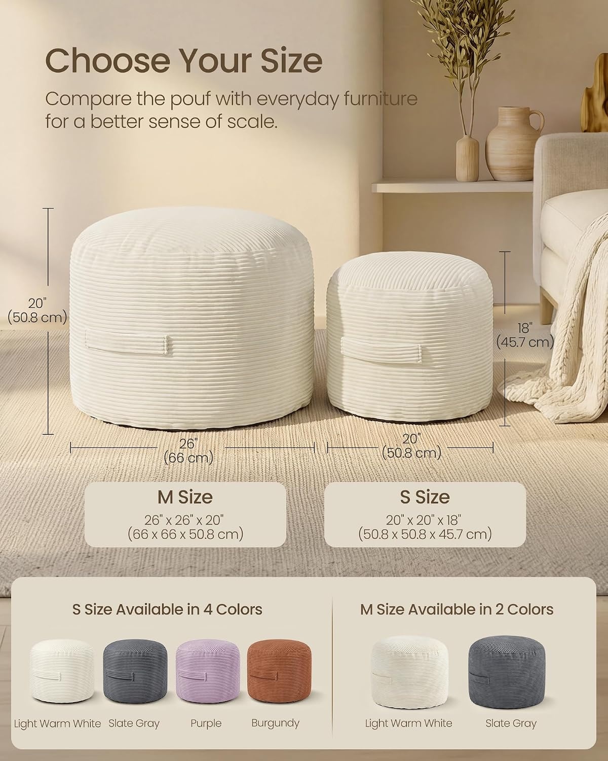 image:imageSONGMICS Stuffed Pouf Ottoman 20 Round Foot Rest with Side HandleLight Warm White
