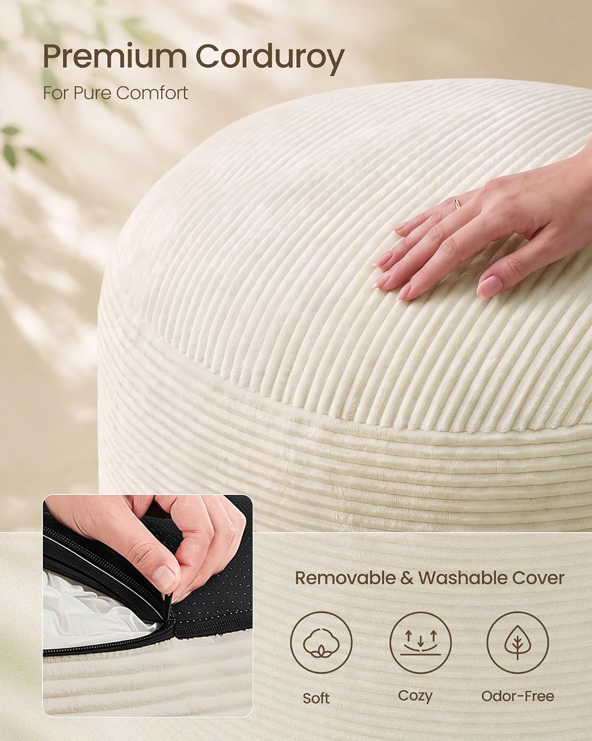 image:imageSONGMICS Stuffed Pouf Ottoman 20 Round Foot Rest with Side HandleLight Warm White