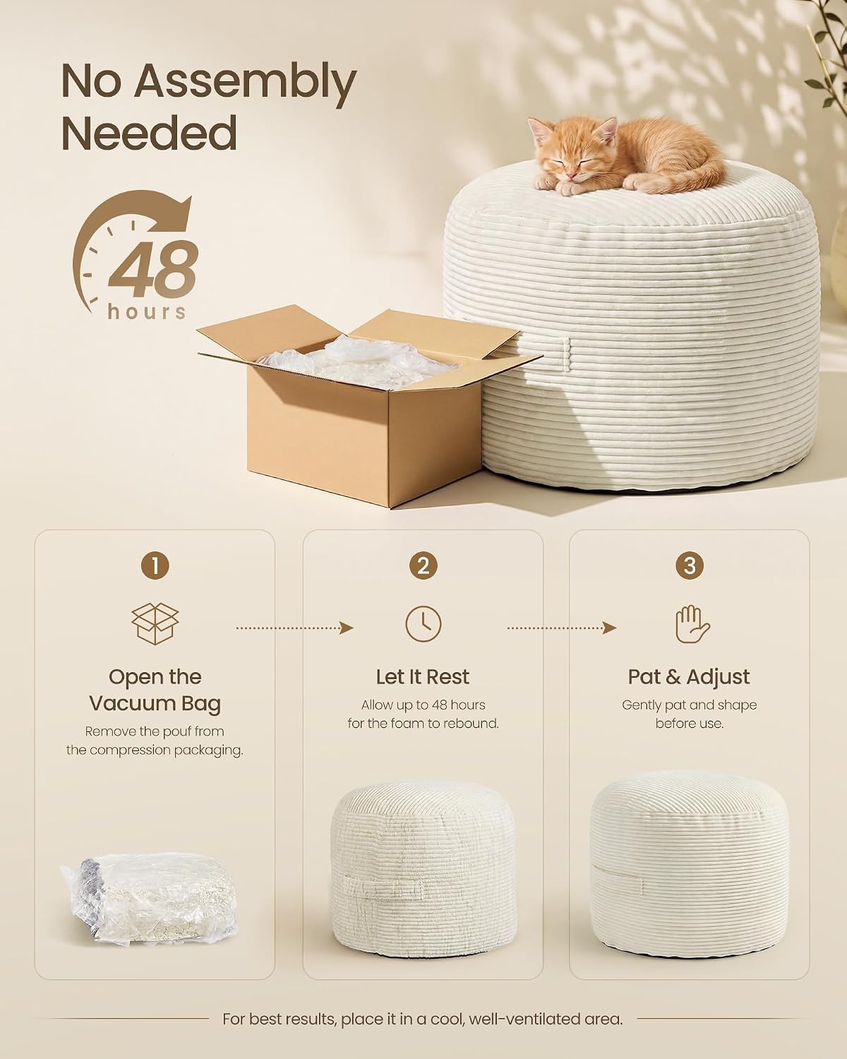 image:imageSONGMICS Stuffed Pouf Ottoman 20 Round Foot Rest with Side HandleLight Warm White