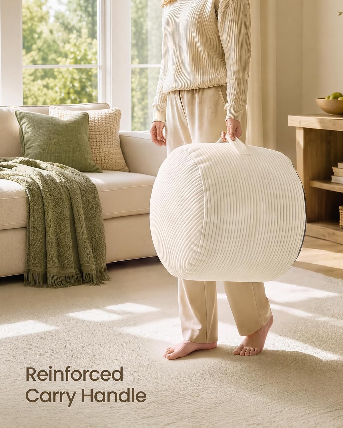image:imageSONGMICS Stuffed Pouf Ottoman 20 Round Foot Rest with Side HandleLight Warm White