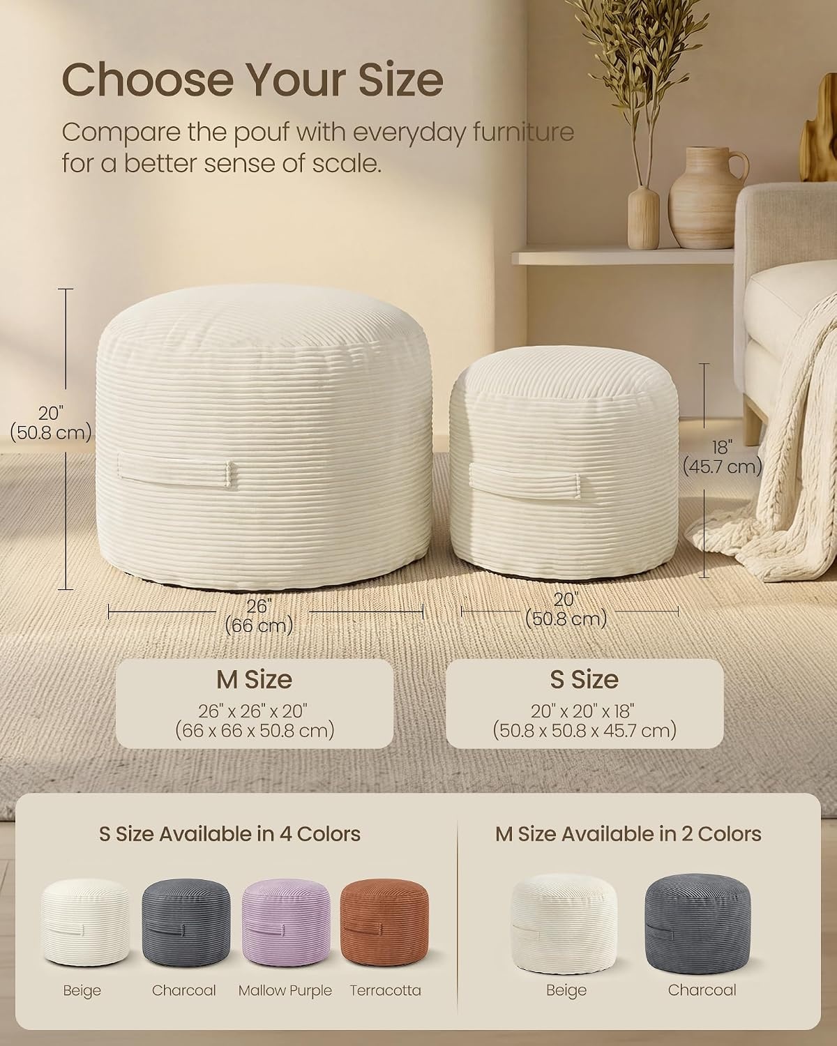 image:imageSONGMICS Stuffed Pouf Ottoman 20 Round Foot Rest with Side HandleLight Warm White