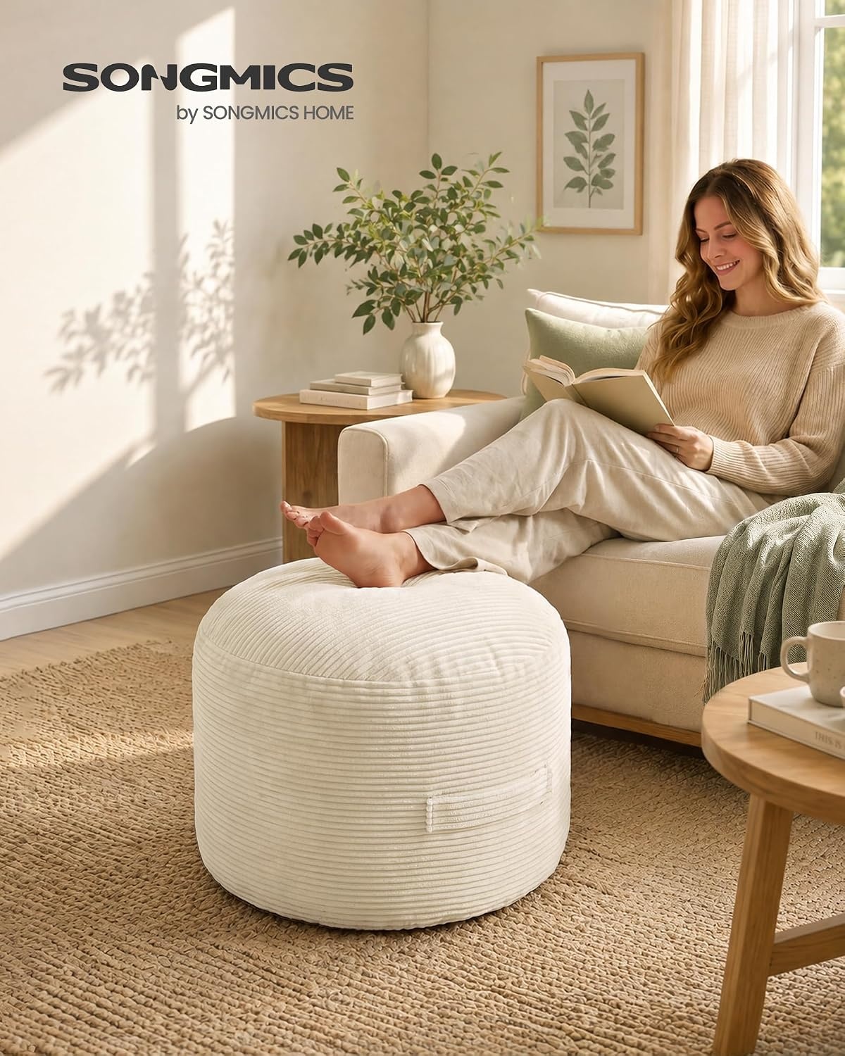 image:imageSONGMICS Stuffed Pouf Ottoman 20 Round Foot Rest with Side HandleLight Warm White