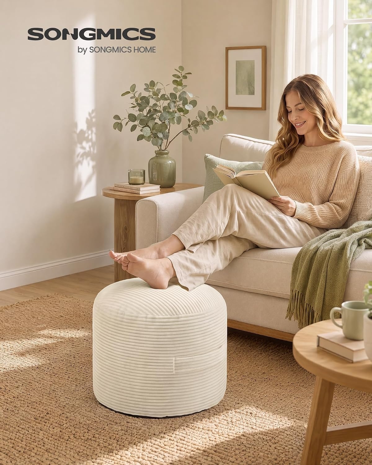 image:imageSONGMICS Stuffed Pouf Ottoman 20 Round Foot Rest with Side HandleLight Warm White