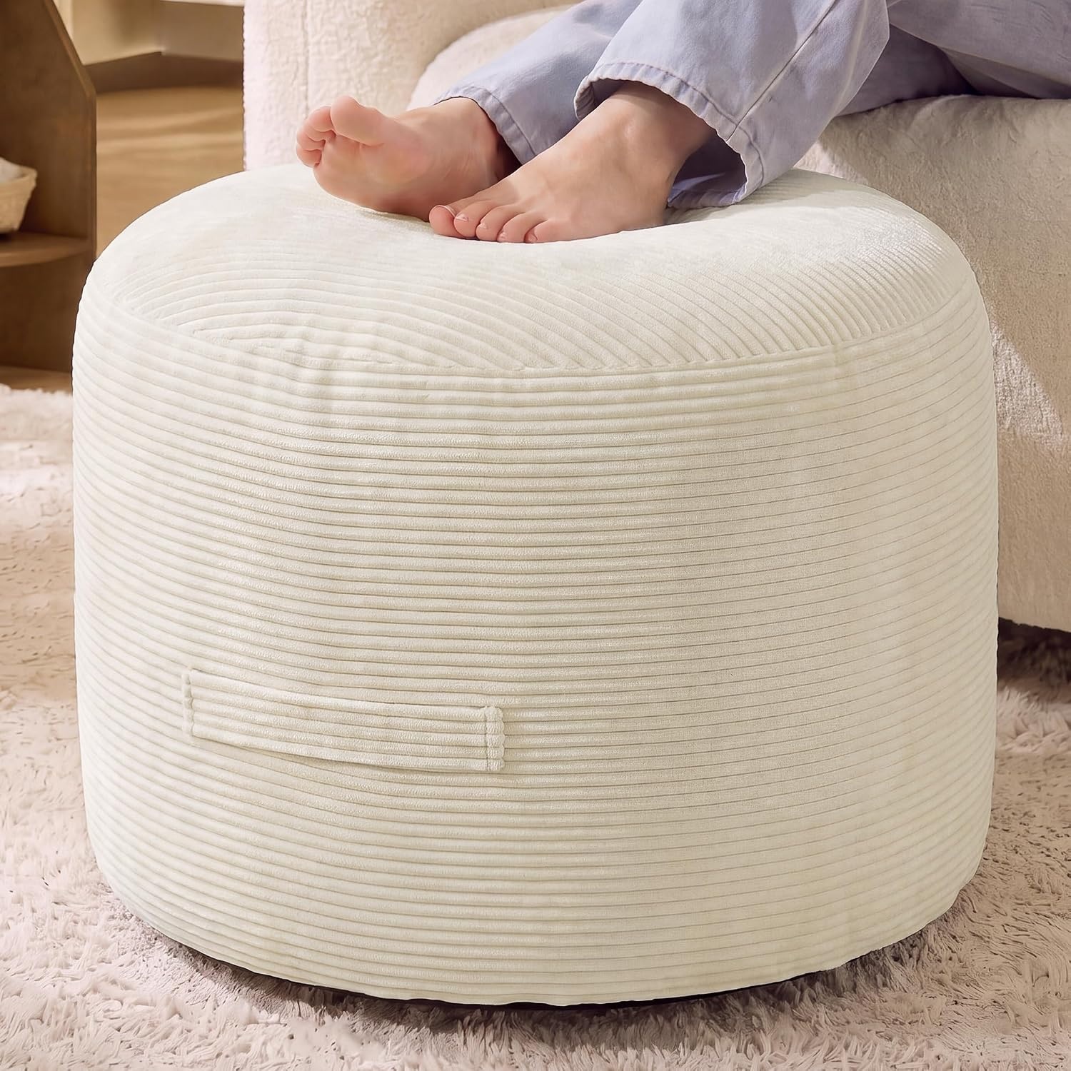 image:imageSONGMICS Stuffed Pouf Ottoman 20 Round Foot Rest with Side HandleLight Warm White