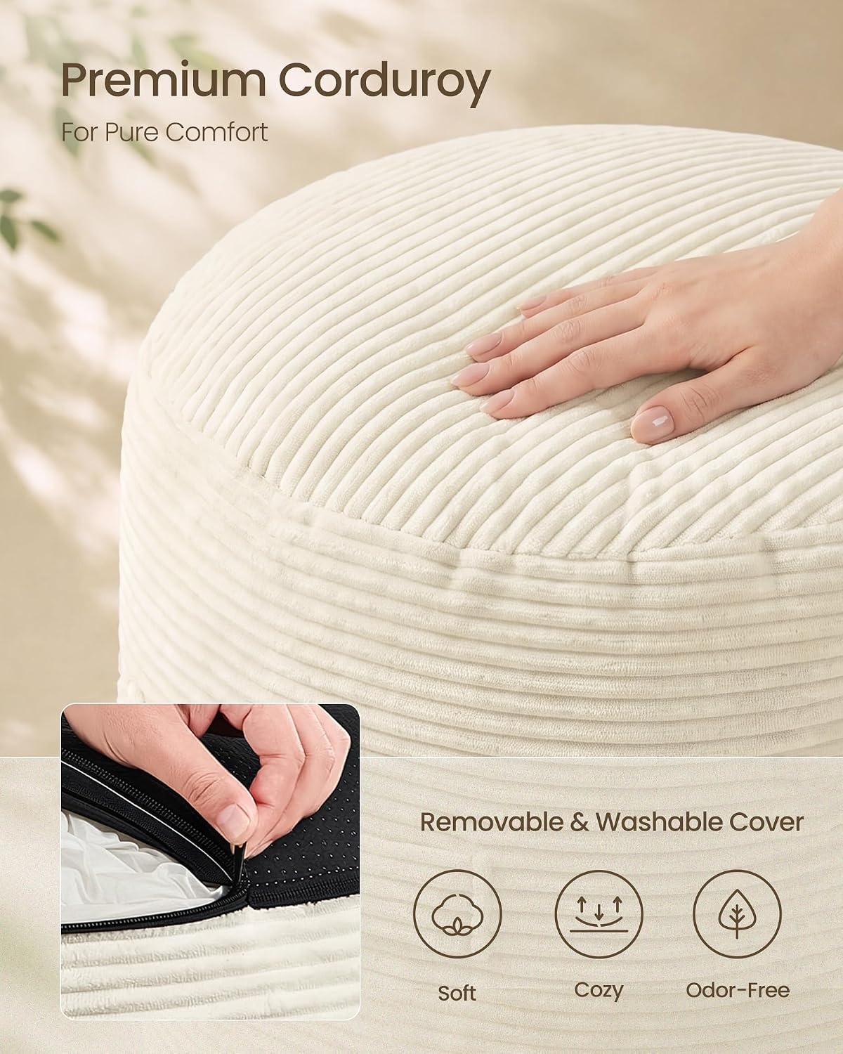 image:imageSONGMICS Stuffed Pouf Ottoman 20 Round Foot Rest with Side HandleLight Warm White