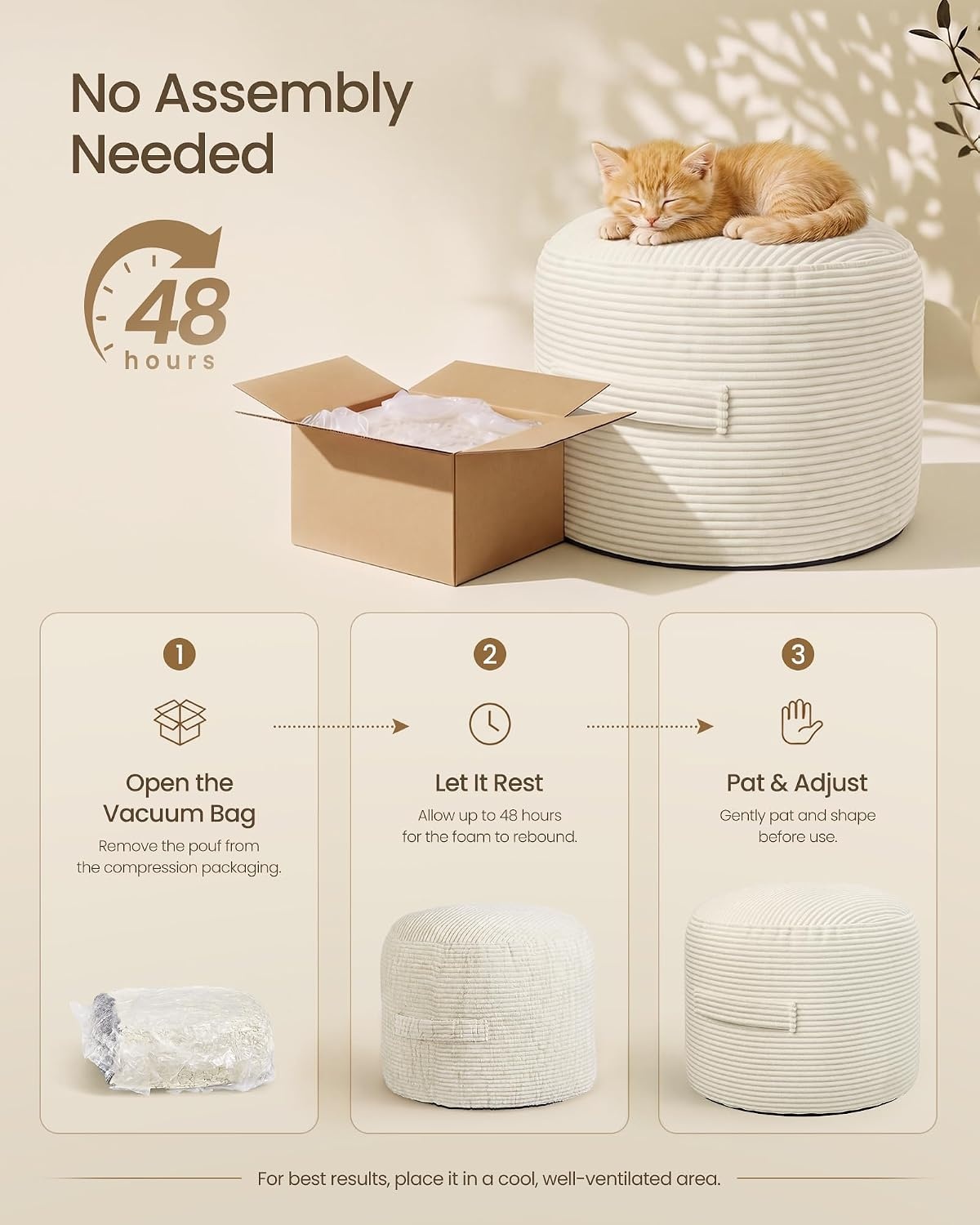image:imageSONGMICS Stuffed Pouf Ottoman 20 Round Foot Rest with Side HandleLight Warm White