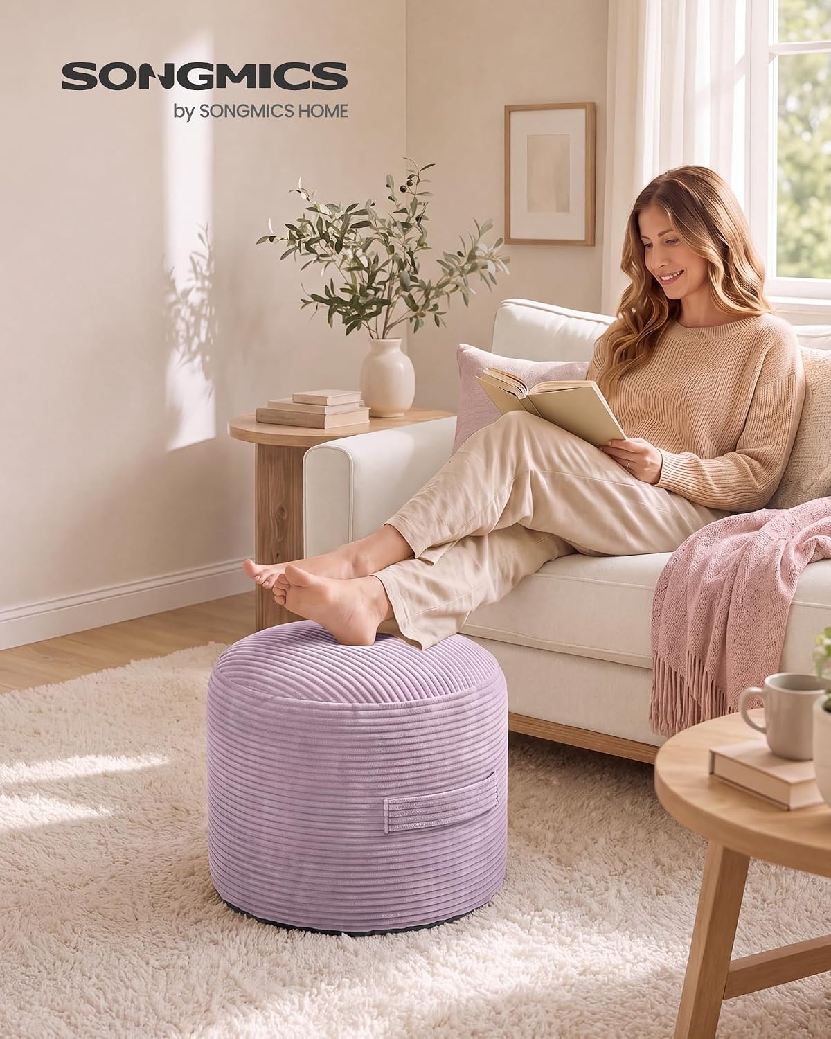 image:imageSONGMICS Stuffed Pouf Ottoman 20 Round Foot Rest with Side HandlePurple