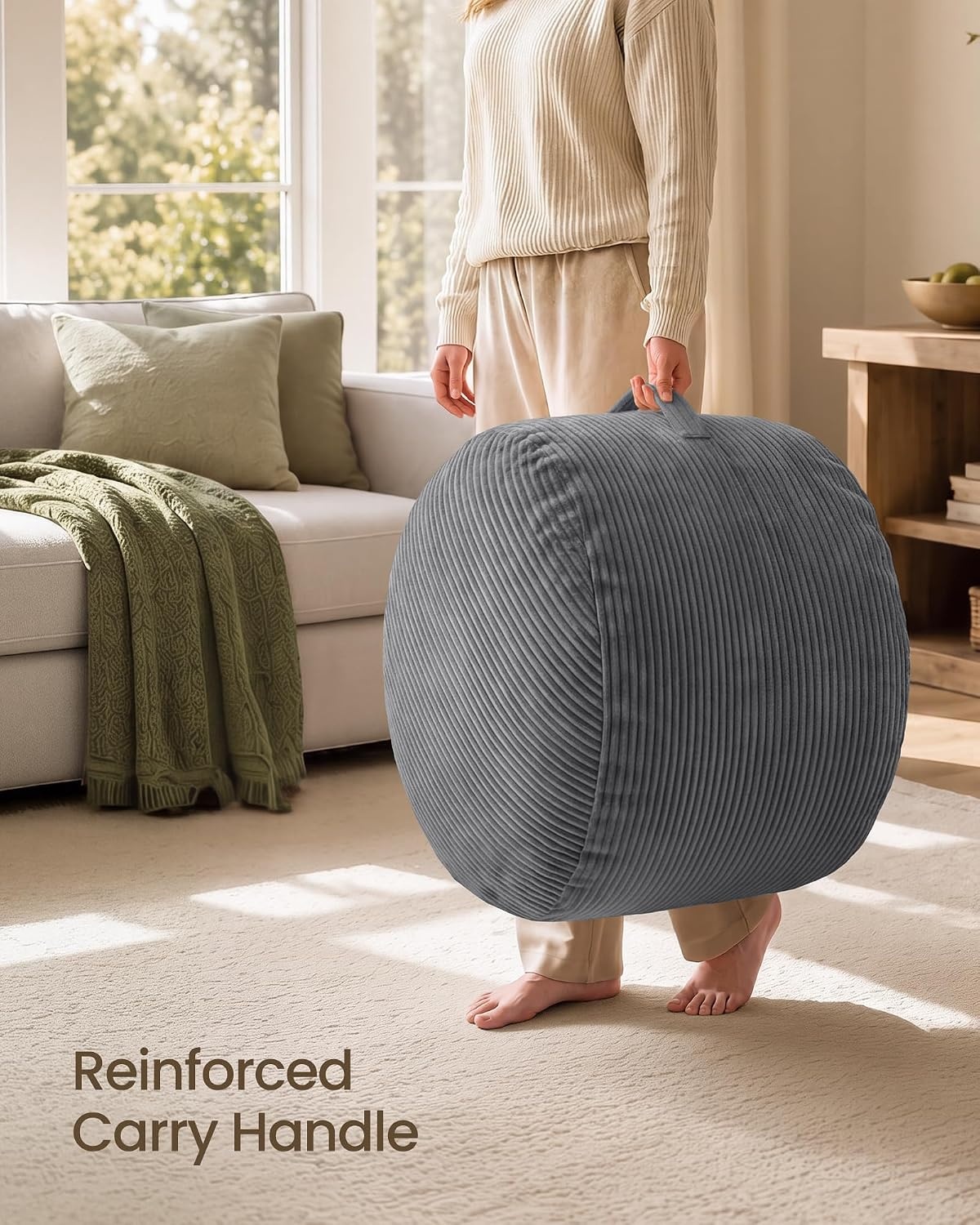 image:imageSONGMICS Stuffed Pouf Ottoman 20 Round Foot Rest with Side HandleSlate Gray