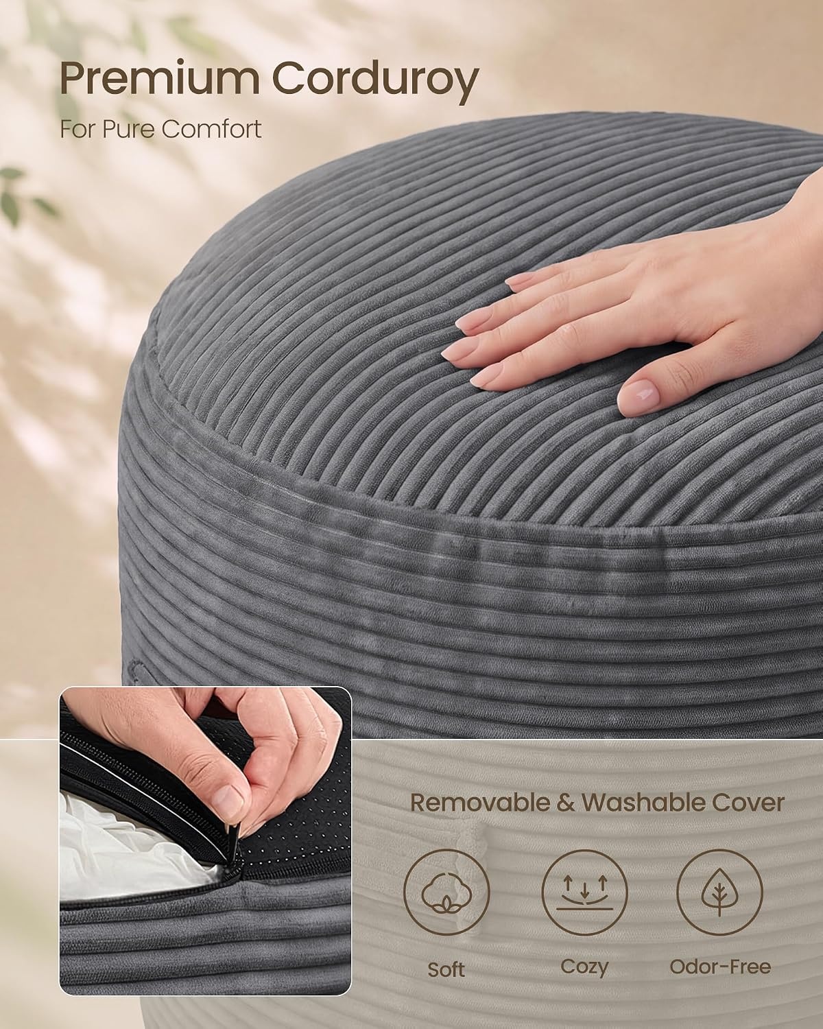 image:imageSONGMICS Stuffed Pouf Ottoman 20 Round Foot Rest with Side HandleSlate Gray