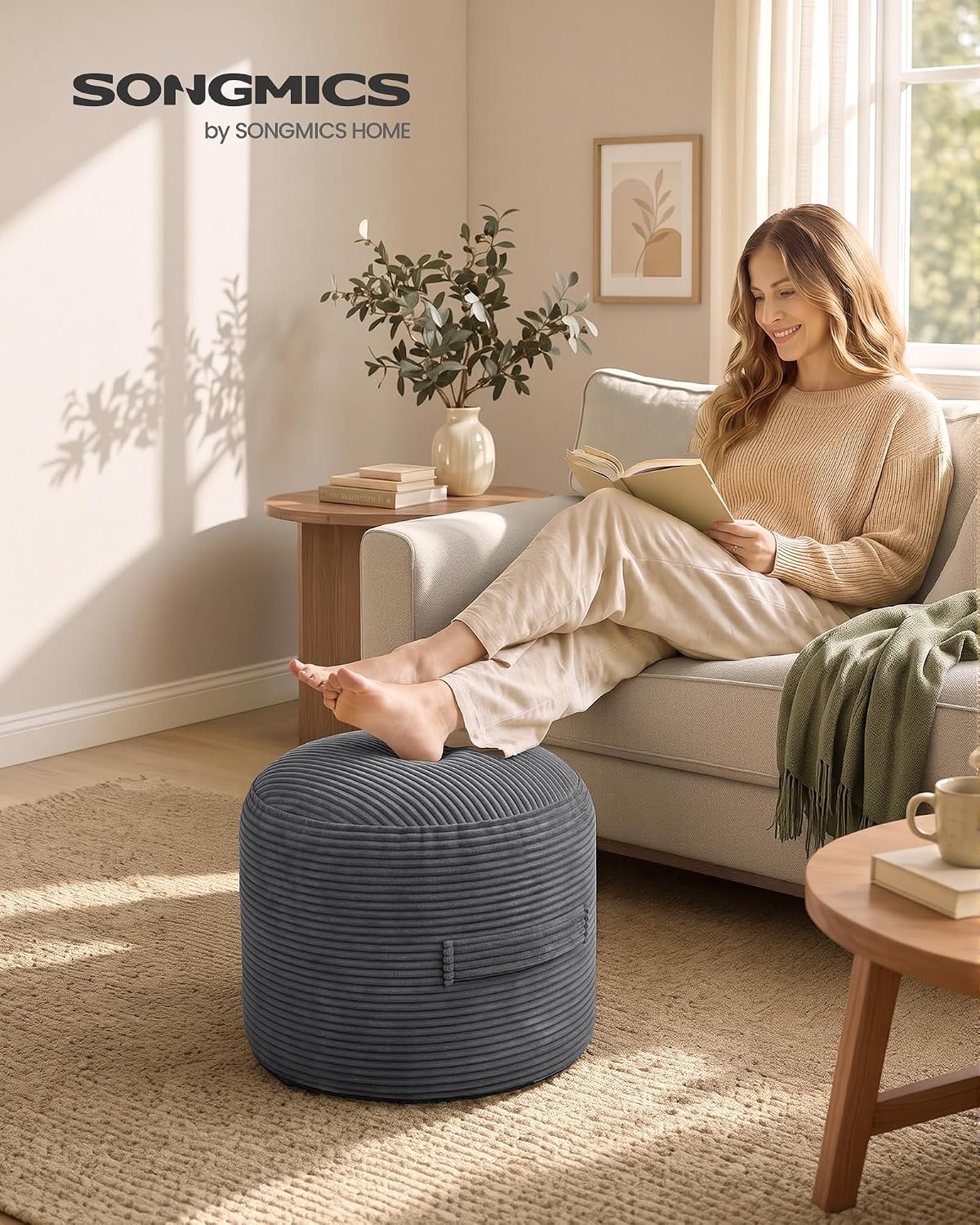 image:imageSONGMICS Stuffed Pouf Ottoman 20 Round Foot Rest with Side HandleSlate Gray
