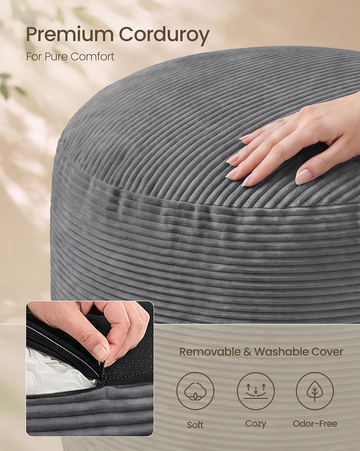 image:imageSONGMICS Stuffed Pouf Ottoman 20 Round Foot Rest with Side HandleSlate Gray