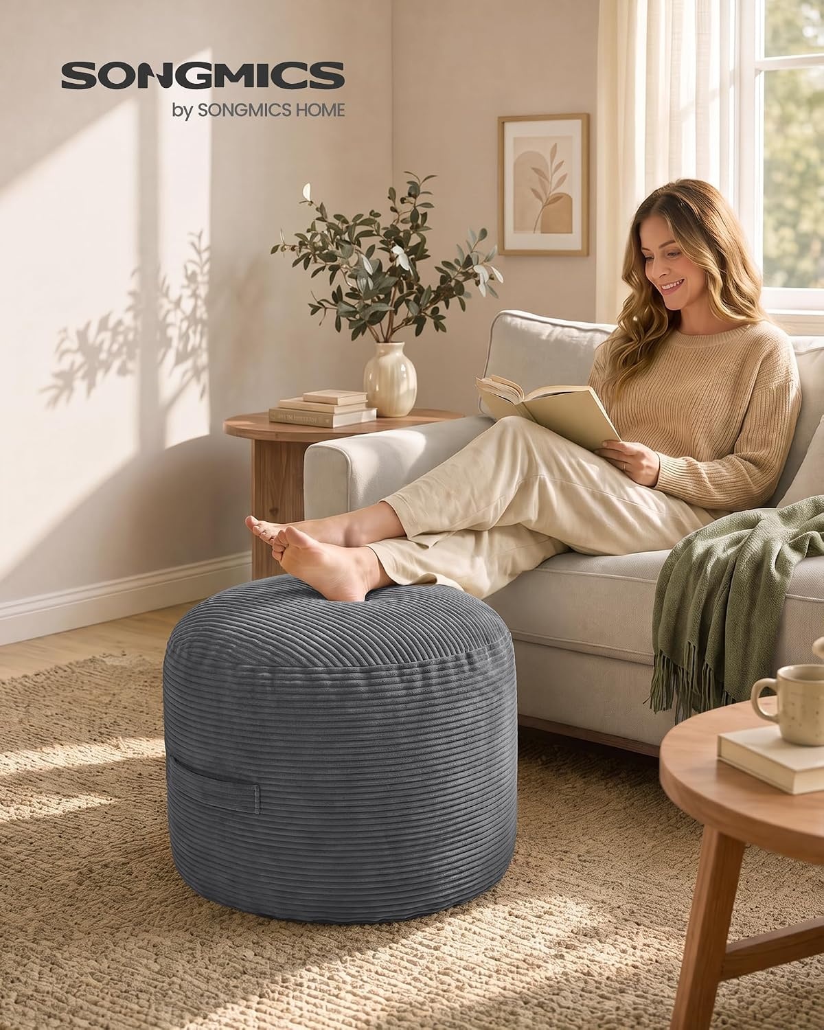 image:imageSONGMICS Stuffed Pouf Ottoman 20 Round Foot Rest with Side HandleSlate Gray