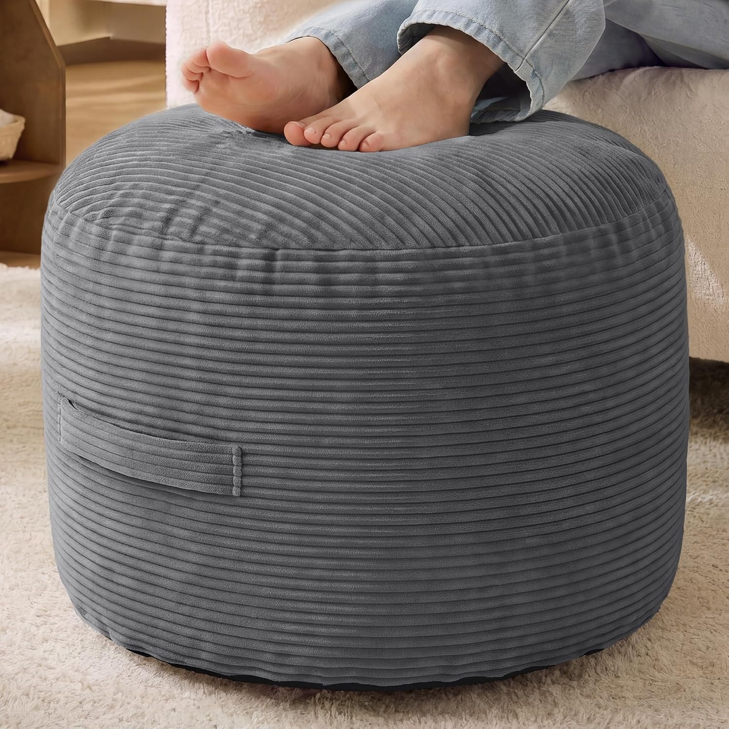 image:imageSONGMICS Stuffed Pouf Ottoman 20 Round Foot Rest with Side HandleSlate Gray
