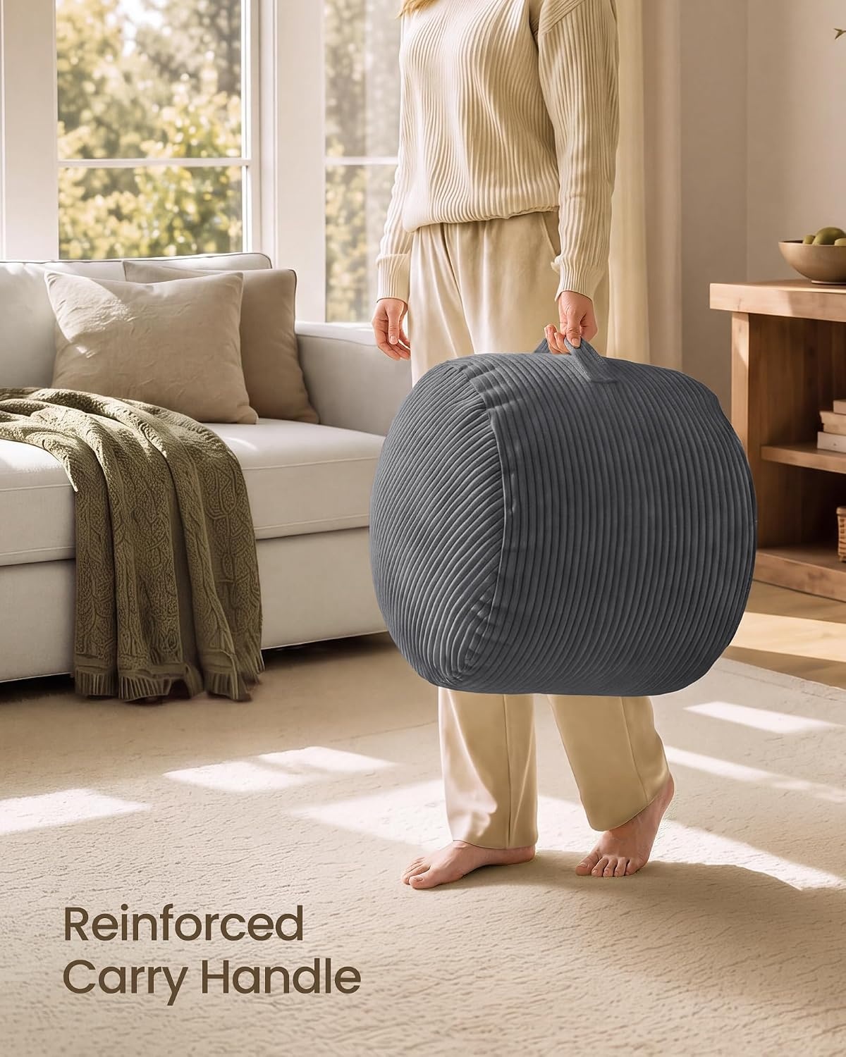image:imageSONGMICS Stuffed Pouf Ottoman 20 Round Foot Rest with Side HandleSlate Gray