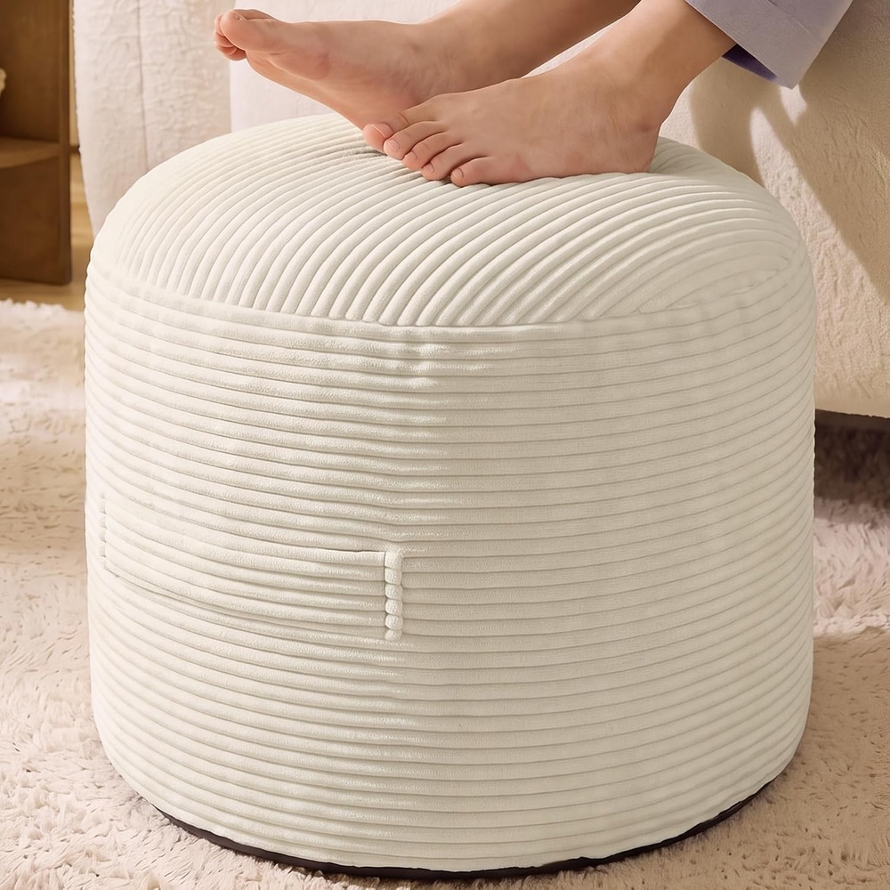 image:imageSONGMICS Stuffed Pouf Ottoman 20 Round Foot Rest with Side HandleLight Warm White